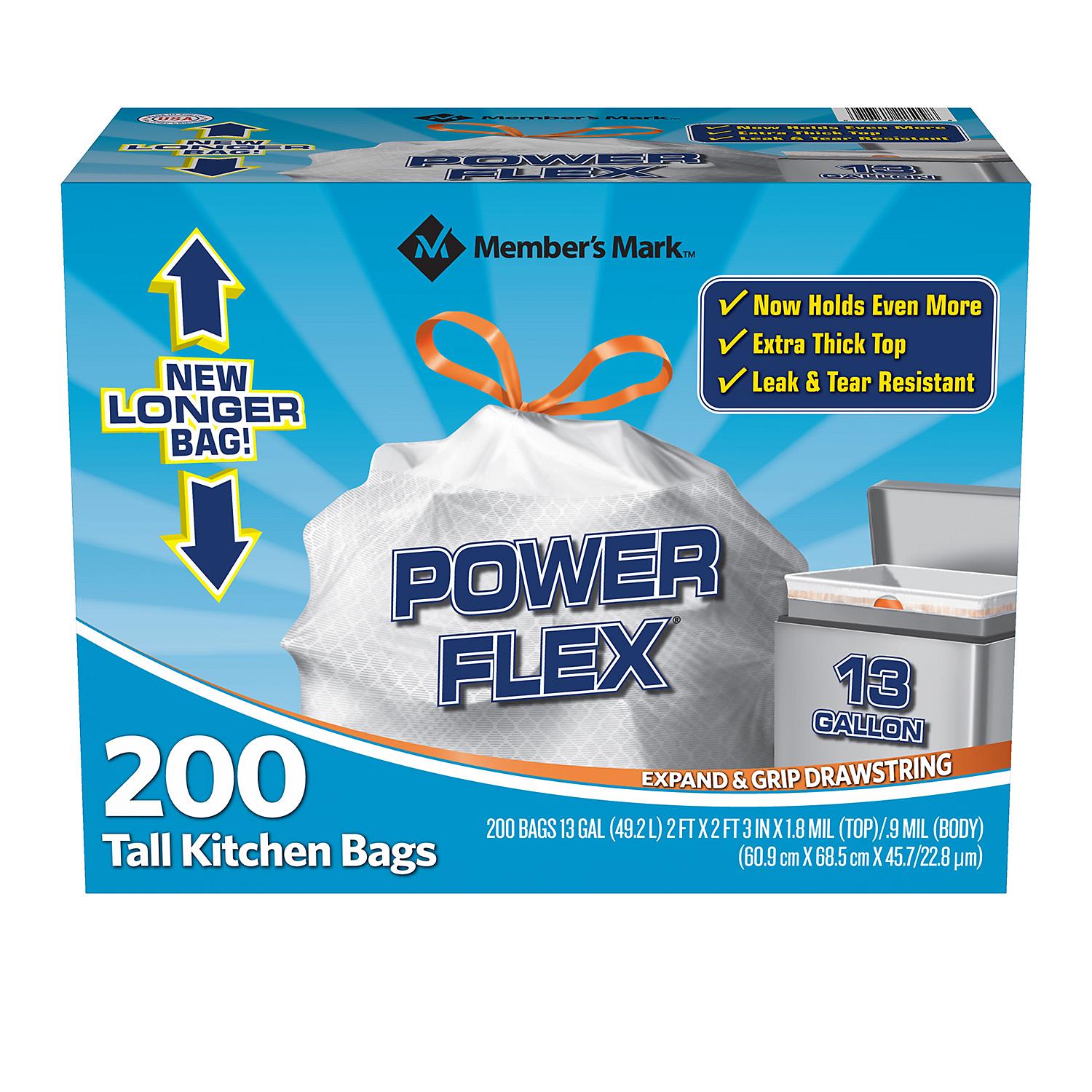 Member's Mark Power Flex 13 Gallon Drawstring Tall Kitchen Garbage Bags 200ct