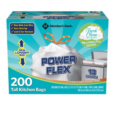 Member's Mark Power Flex Tall Kitchen Garbage Bags 13 gallon Fresh Clean Scent Drawstring 200ct